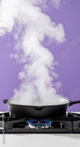 A seasoned black cast iron skillet sits on a burning gas stove, releasing thick white steam against a solid purple studio background, skillet, blue flame, cookware