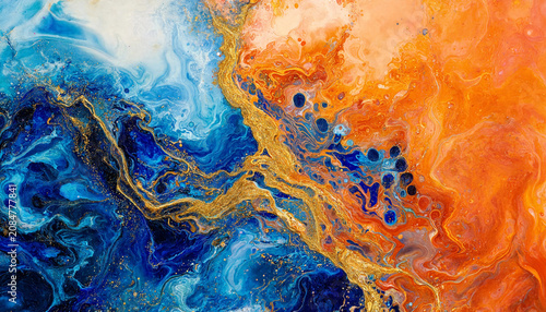 Abstract fluid paint background with swirling blue orange and gold metallic glitter textures