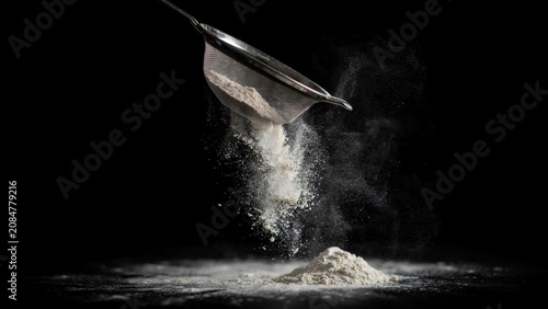 Flour being sifted through a metal sieve on a black background