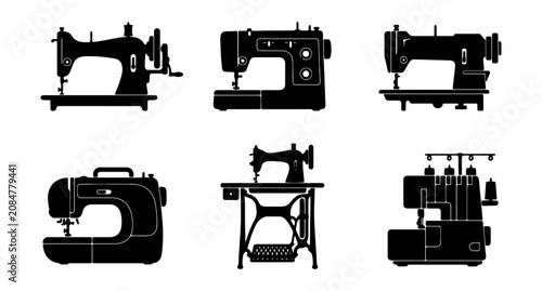 Obraz na plátně Vintage and modern sewing machine silhouettes, collection of 6 tailoring equipme