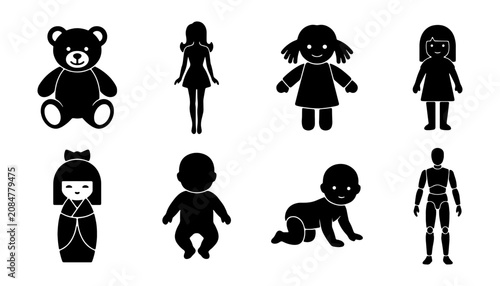 Konstfotografi Children toy doll silhouette icons, set of 8 vector elements featuring teddy bea