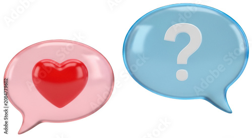 Glossy pink speech bubble with red heart and a blue speech bubble with white isolated transparent background image