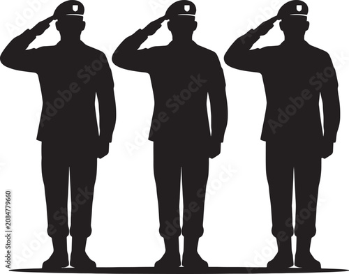 Canvastavla Three soldier silhouettes saluting in military uniform group of army personnel standing at attention honor respect parade ceremony veteran tribute