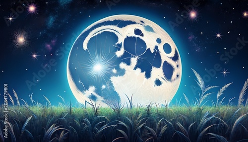 Big Amazing Full Moon With Grass And Starry Sky