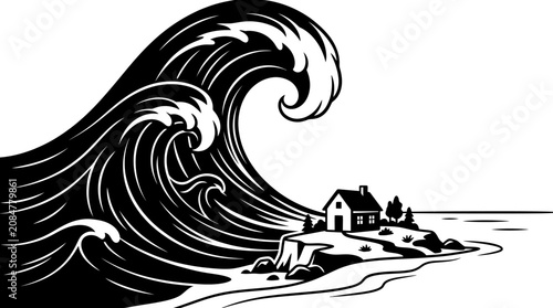 Obraz na płótnie A large wave crashing against a small island with houses.
