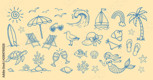 Bild auf Leinwand Sketch style summer objects including beach chair seashell and mermaid illustrat