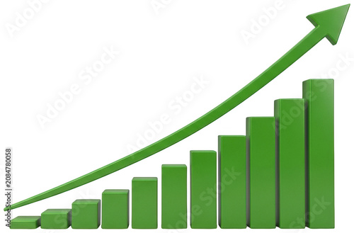Green business growth bar graph with a sharp rising trend arrow showing progress isolated transparent background image