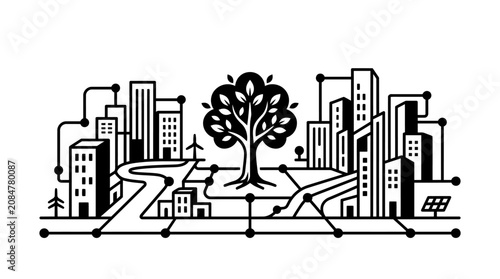 Cityscape with tree in urban planning.