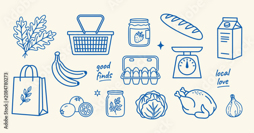 Fotografía Groceries And Produce Line Art Illustration With Handwritten Text