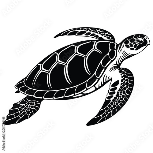 Sea turtle vector illustration, black and white marine reptile silhouette isolated on white background.