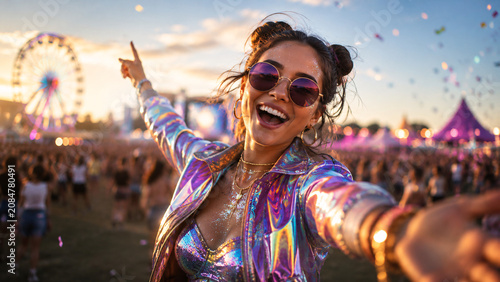 Happy young woman enjoying outdoor music festival at sunset. Cheerful girl dancing at concert party with ferris wheel, confetti, and crowd in background.