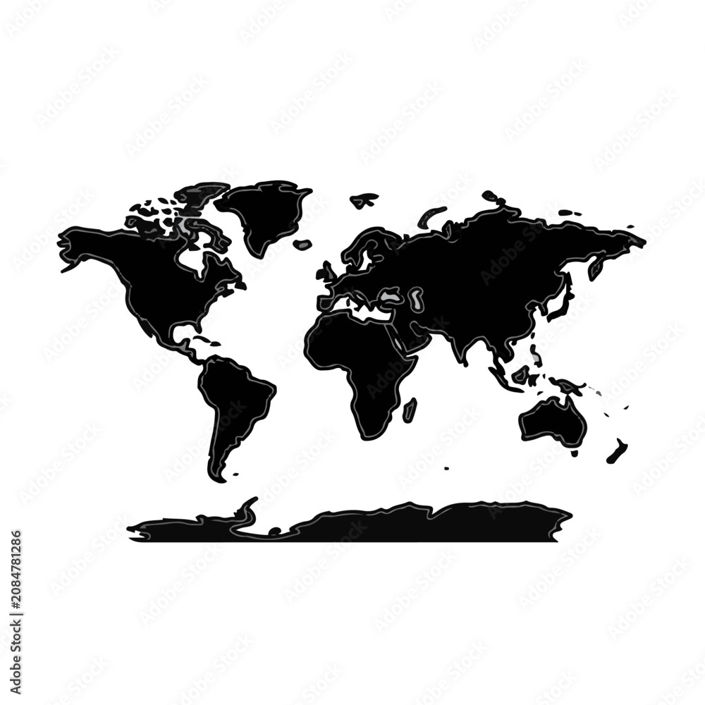 Obraz premium Black world map silhouette showing global continents in a minimalist style