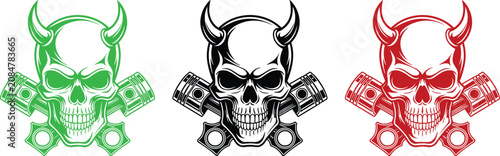 Bild auf Leinwand Three devil skulls with horns and pistons in green black and red on white vector