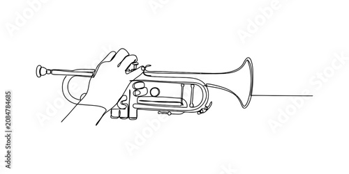 Foto Continuous single line drawing of a human hand playing a trumpet musical instrum
