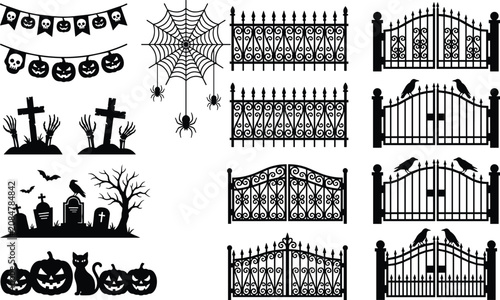 Cuadro en lienzo Set of black Halloween silhouettes featuring gates, spooky decorations, and ceme