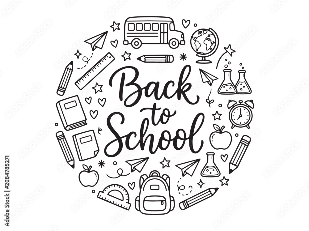Fototapeta premium Circular back to school hand lettered doodle illustration composition