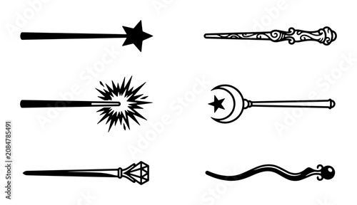 Fotografie Magic Wands Collection: Enchanting Fantasy Staffs, Star, Crescent Moon, Crystal,