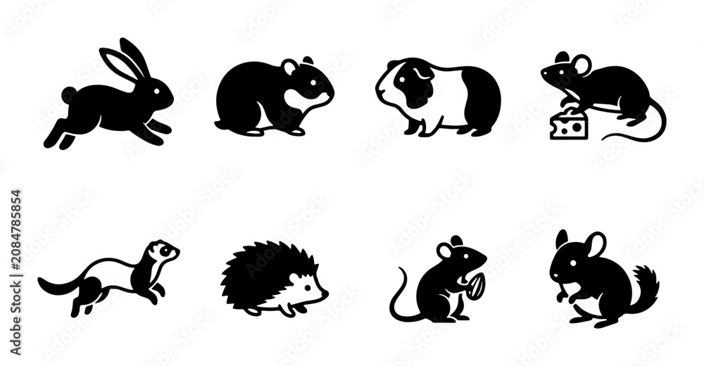 Obraz premium Cute Pet Icons Set, Adorable Small Mammal Vector Graphics, Simple Black and White Animal Illustrations