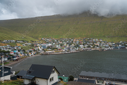 Panoramic view of Fuglafjordur village and harbor, Faroe Islands