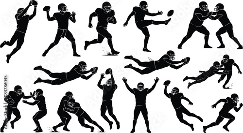 фотографія Set of black silhouettes featuring American football players in various action p