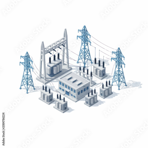 Modern electrical substation with power lines and transformers.