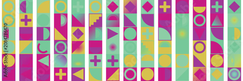 Fotografi Vibrant geometric pattern with colorful shapes and symbols arranged vertically