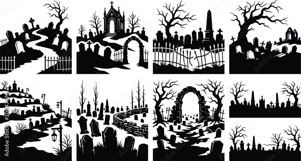 Obraz premium Haunted Graveyard Cemetery Black Silhouette Landscape Bundle with Gothic Tombstones and Halloween Vector Scene Collection