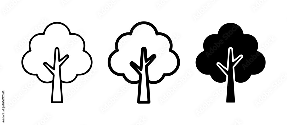 Obraz premium Simple Tree Icons Set: Outline, Filled Outline, and Solid Black Vector Graphics for Nature and Ecology