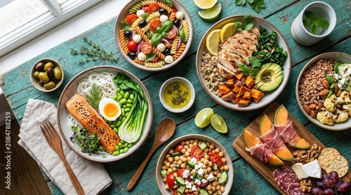 Variety of healthy food bowls and snacks on a wooden table