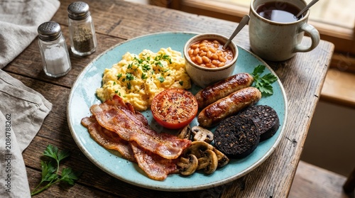 Full english breakfast with bacon sausages and eggs