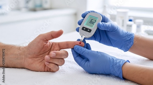 Healthcare professional checking patient blood glucose level with digital glucometer monitor closeup
