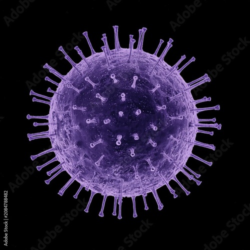 High-resolution 3D visualization of a coronavirus particle with detailed spike proteins against a black background