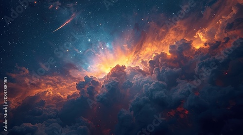 Vibrant cosmic clouds illuminated by a fiery nebula against a starry night sky