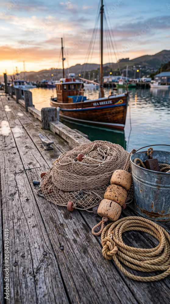 Obraz premium Red de pesca artesanal sobre un muelle tradicional con ambiente marinero auténtico.