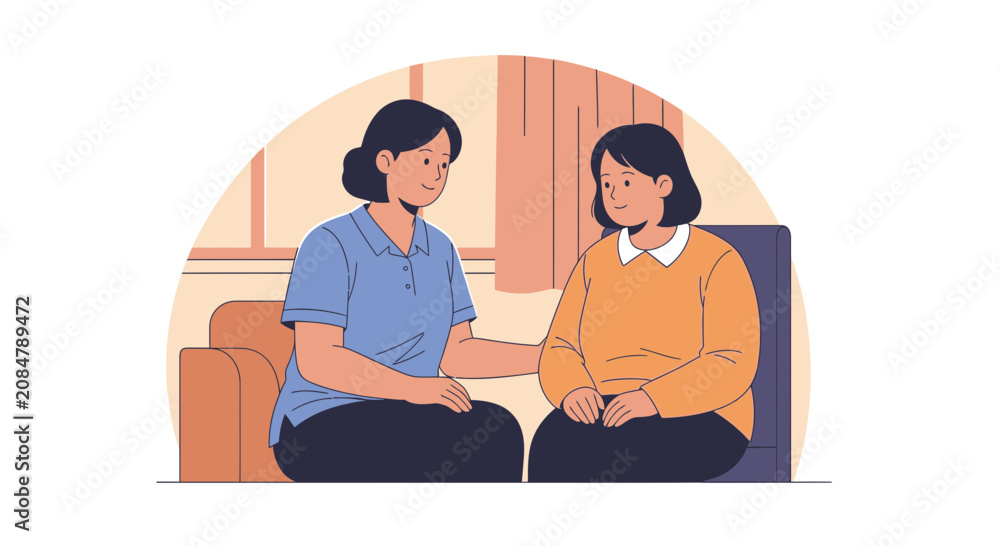 Fototapeta premium Comforting friend listens to woman's problems, mental health support, empathy illustration