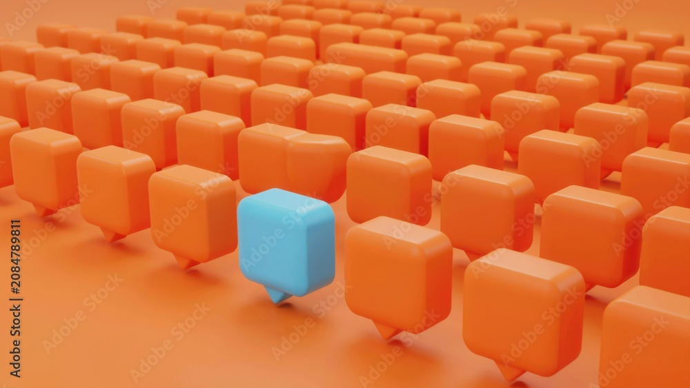 Fototapeta premium A single blue speech bubble among many orange speech bubbles
