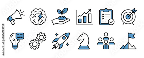 Hand drawn business startup doodle icon collection featuring finance, strategy, target, growth, innovation, teamwork, productivity, leadership, and entrepreneurial sketch symbols  