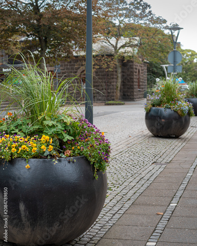 Street flower planters in the center of Tórshavn, Faroe Islands
