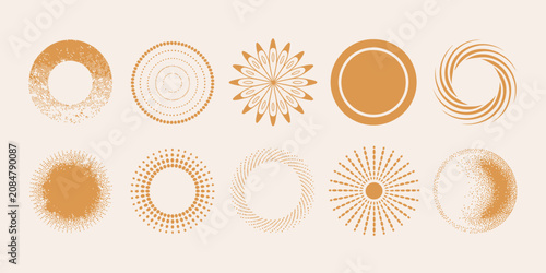 Modern abstract circular halftone swirl vector set featuring radial dot gradients, geometric spiral patterns, dynamic burst effects, and isolated graphic elements for branding, posters, packaging, and