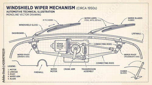 Canvastavla Windshield Wiper Mechanism Technical Illustration (Circa 1950s) Monoline Vector