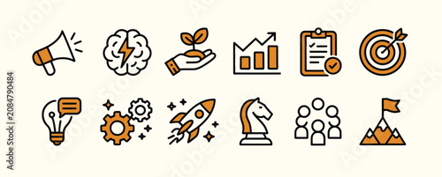 Business startup doodle line icon set with strategy, finance, innovation, goal achievement, growth, teamwork, leadership, and hand drawn sketch symbols for entrepreneurship and marketing concepts