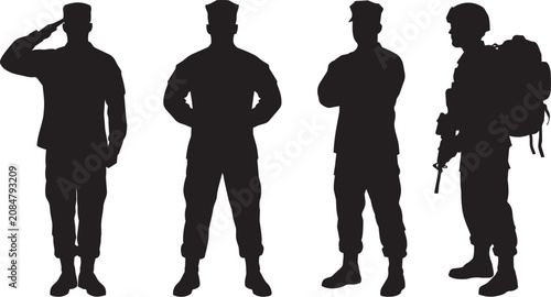 US military personnel silhouette set with salute rifle and standing poses isolated on white background

Black silhouette illustration of four US military personnel in different poses