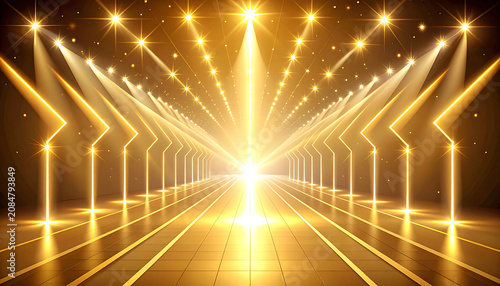 bright golden stage with spotlights and sparkling lights, award ceremony, winner path, luxury event, gala celebration