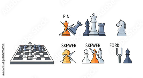 Canvas Print Icons of chess pieces and tactical moves.