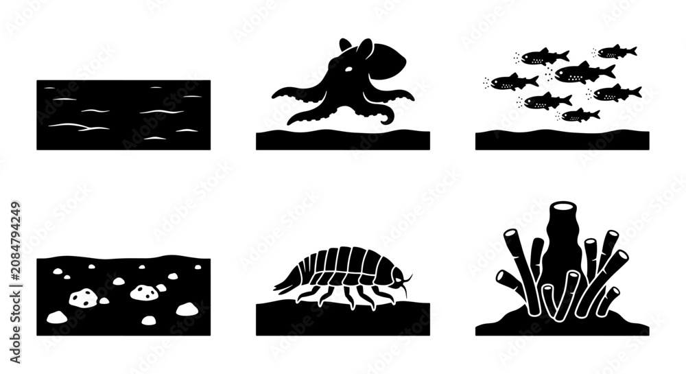 Fototapeta premium Marine Life Icons Set: Octopus, Fish School, Coral, Underwater Scenes, Crustacean Vector Graphics for Oceanography and Nature Concepts