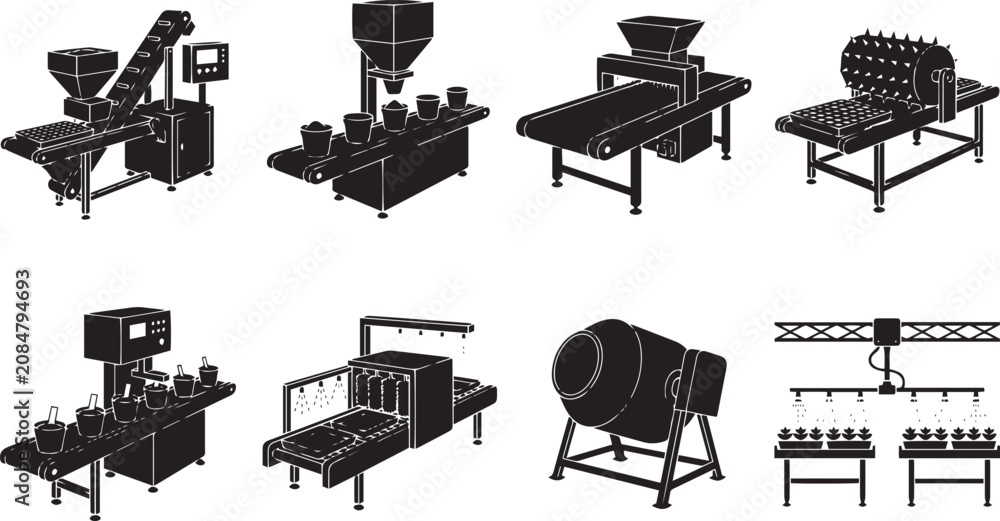 Obraz premium Greenhouse nursery automation processing lines and automated potting machinery icons black vector silhouettes set