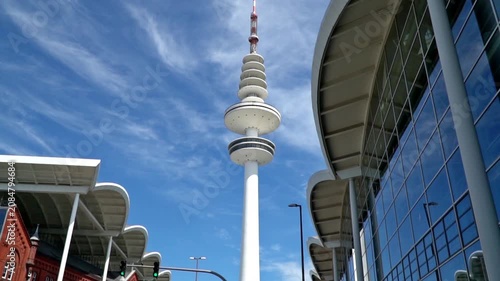 TV Tower and Exhibition Hall in Hamburg - Street View on Public Sidewalk - Zoom out
