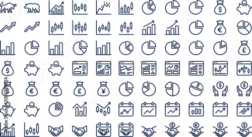 Financial market icons display a comprehensive grid of line art symbols representing banking, stock trading, investment data, and various economic growth metrics.