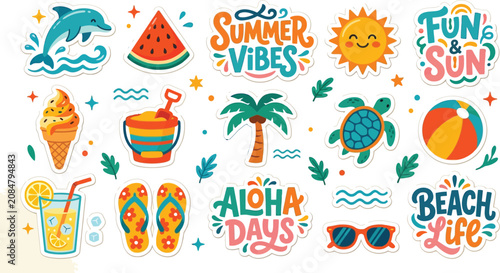 Summer vacation icons feature a collection of colorful beach elements including a dolphin, watermelon, palm tree, and various seasonal accessories for holiday design projects.