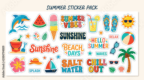 Summer sticker pack contains various colorful illustrations of beach elements and seasonal typography for creative projects.